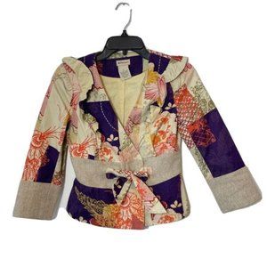 Anthropologie Elevenses Patchwork Floral Blazer Multicolor.  Ruffle Bow Tie.